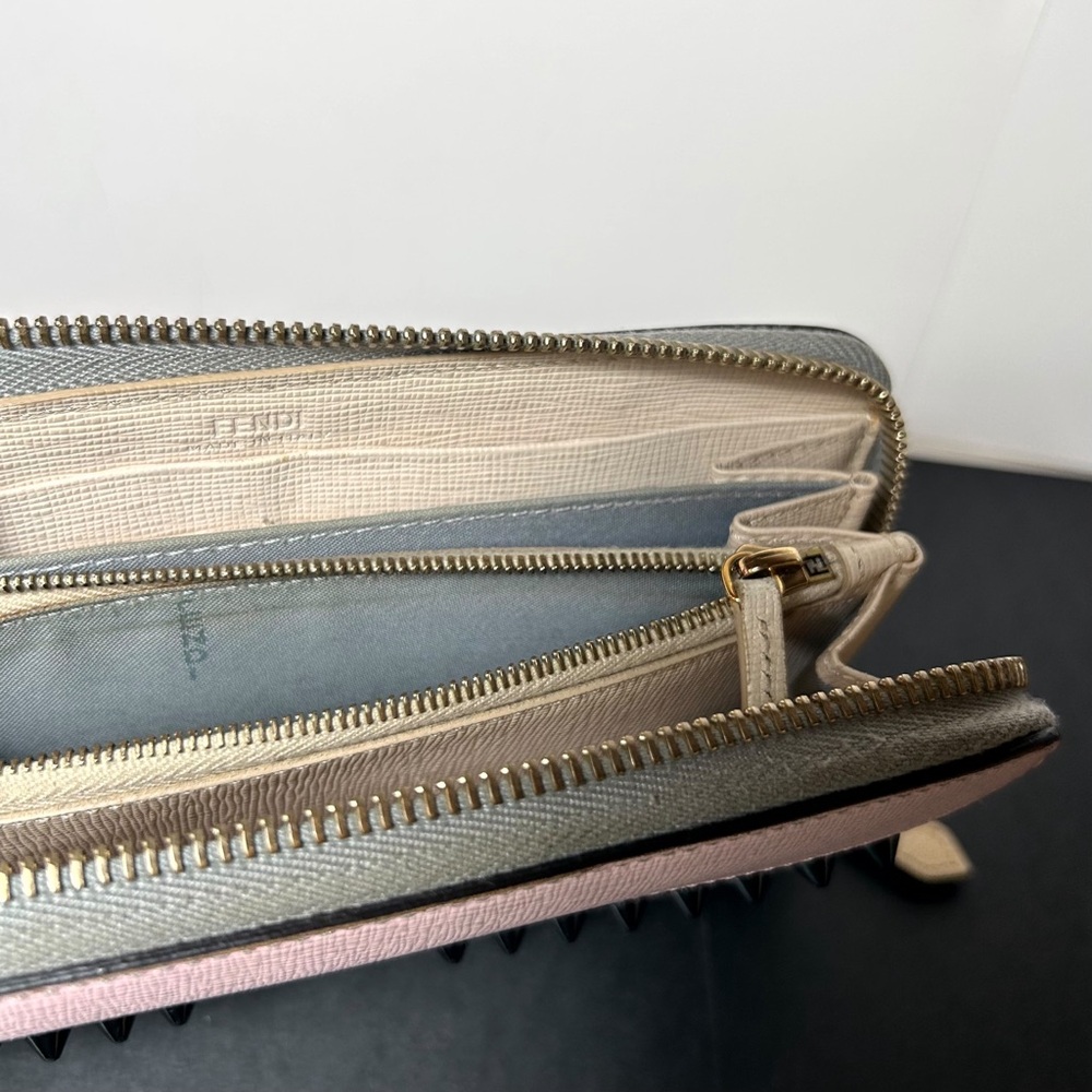 Fendi Monster Eyes Cont. Zip Around Leather Wallet Full Inclusion Pink/Gray/Stud - Picture 14 of 16